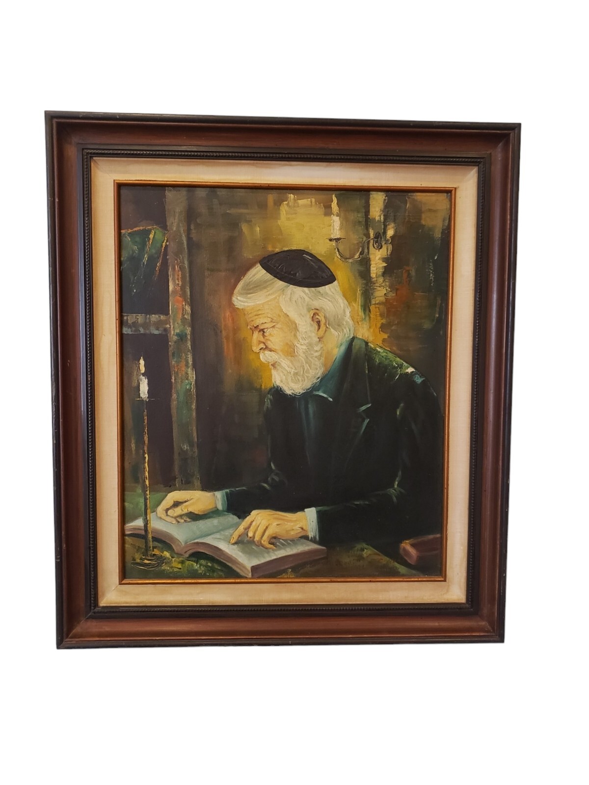 Vintage Original Oil Painting Jewish Rabbi Studying Signed Framed