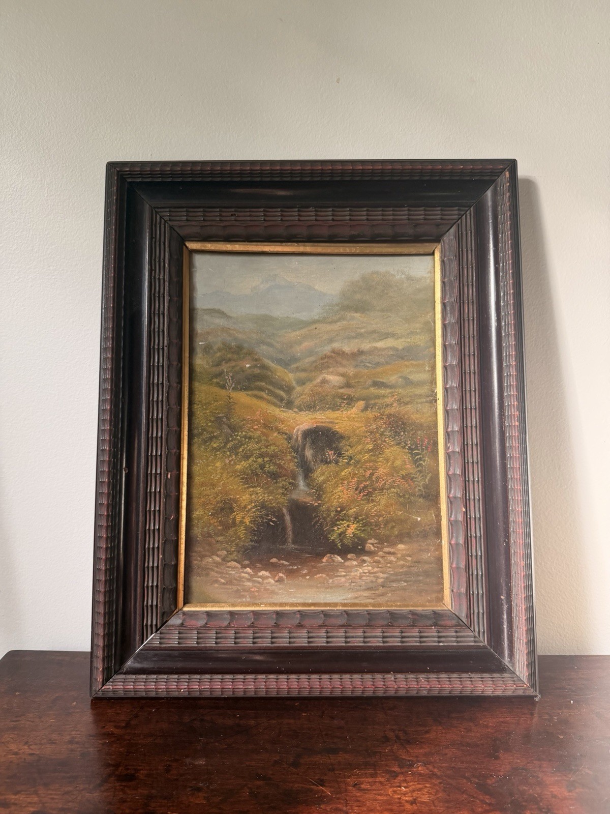 Antique English School Landscape Oil Painting Victorian Mountain Stream Framed