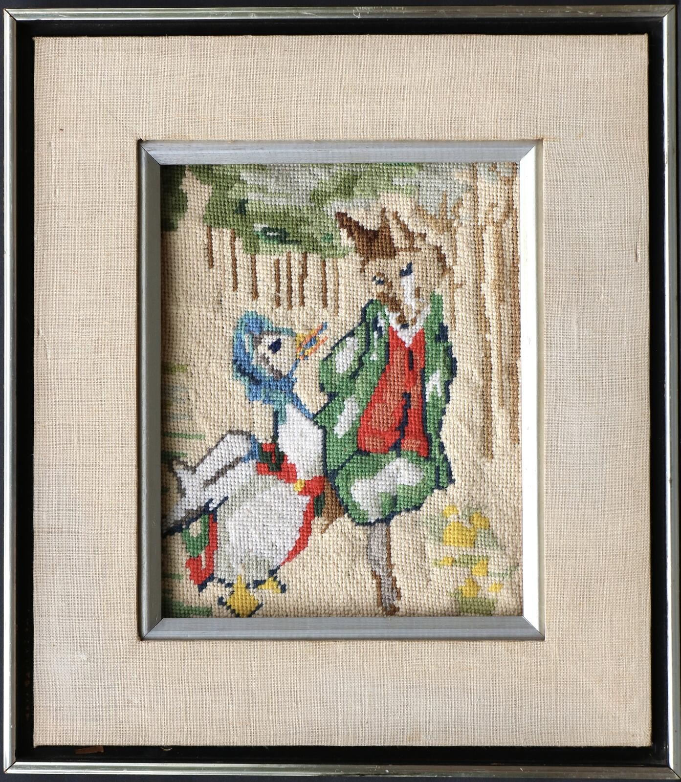 Puddle Duck & Fox framed vintage needlepoint tapestry cartoon character artwork