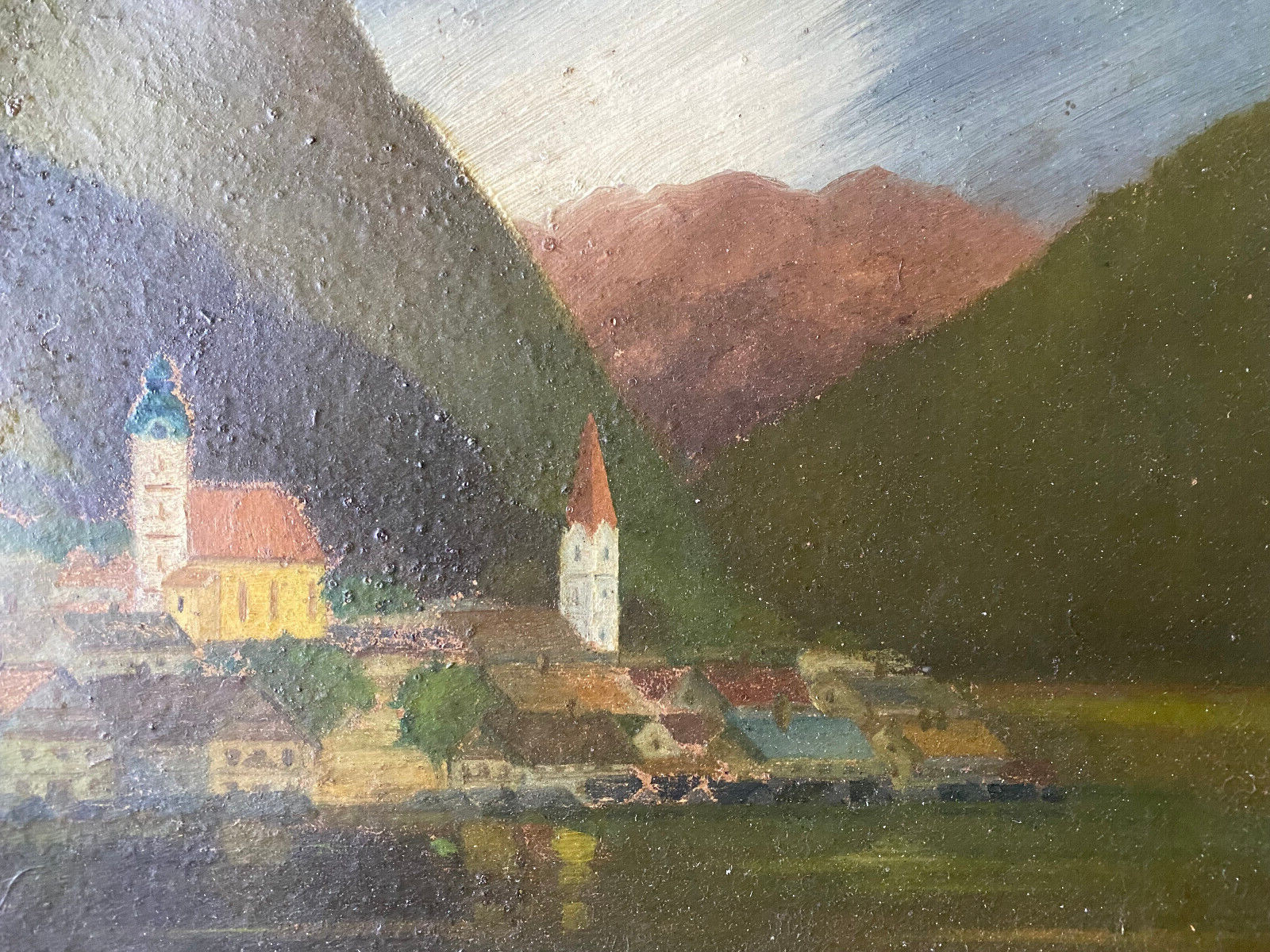 Alps City Oil Painting Markgraf Frame Antique Hallstadt Shore Gift Church Tower