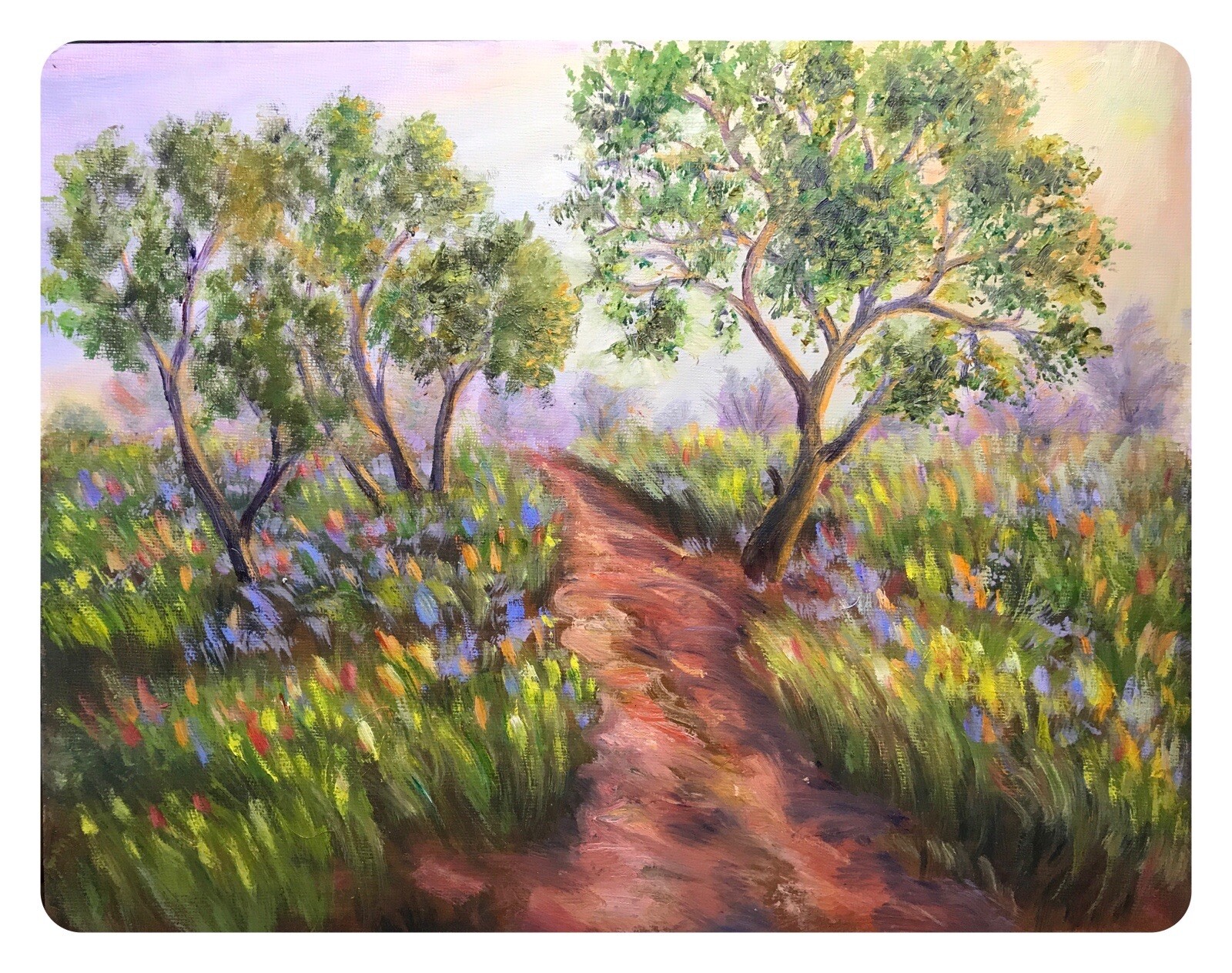 Original Oil Painting Evening Landscape With Path Grass Trees 11×14 Wall Art