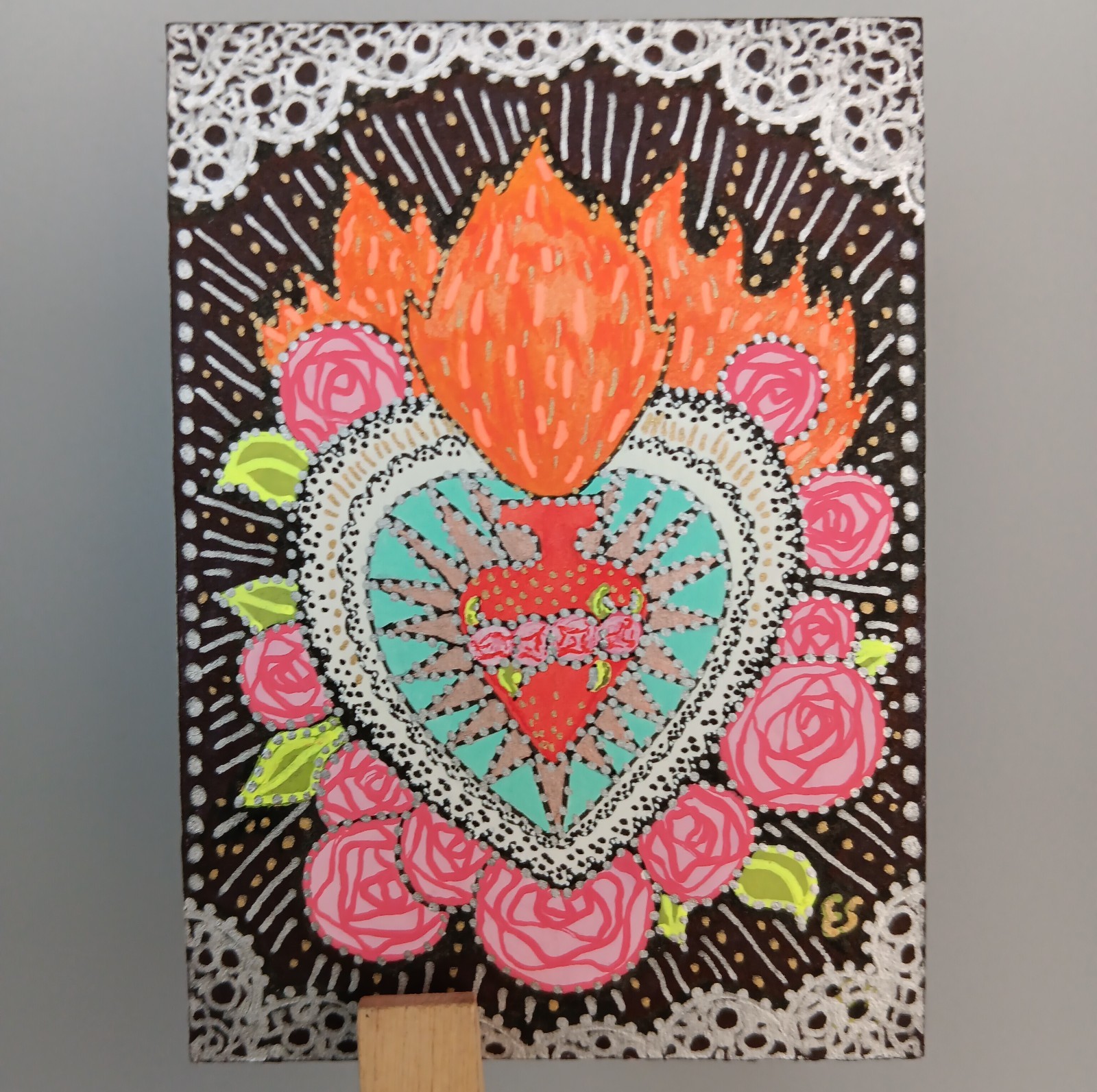 ❤️ACEO Original Painting Signed by Outsider Artist ES 2.5×3.5″ You are loved.