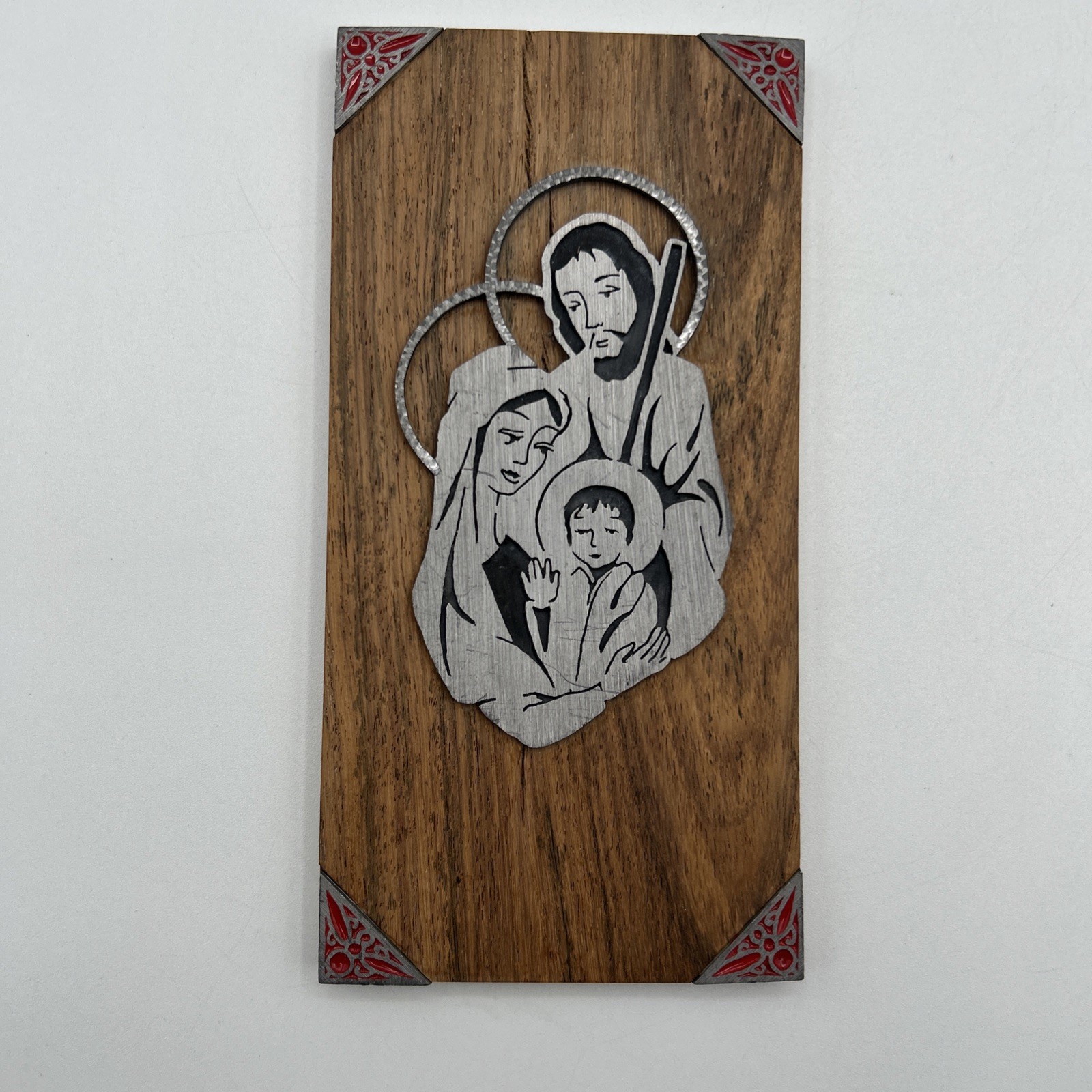 Vintage Peltro Cesellato A Mano Wood & Pewter Holy Family Wall Plaque Italy