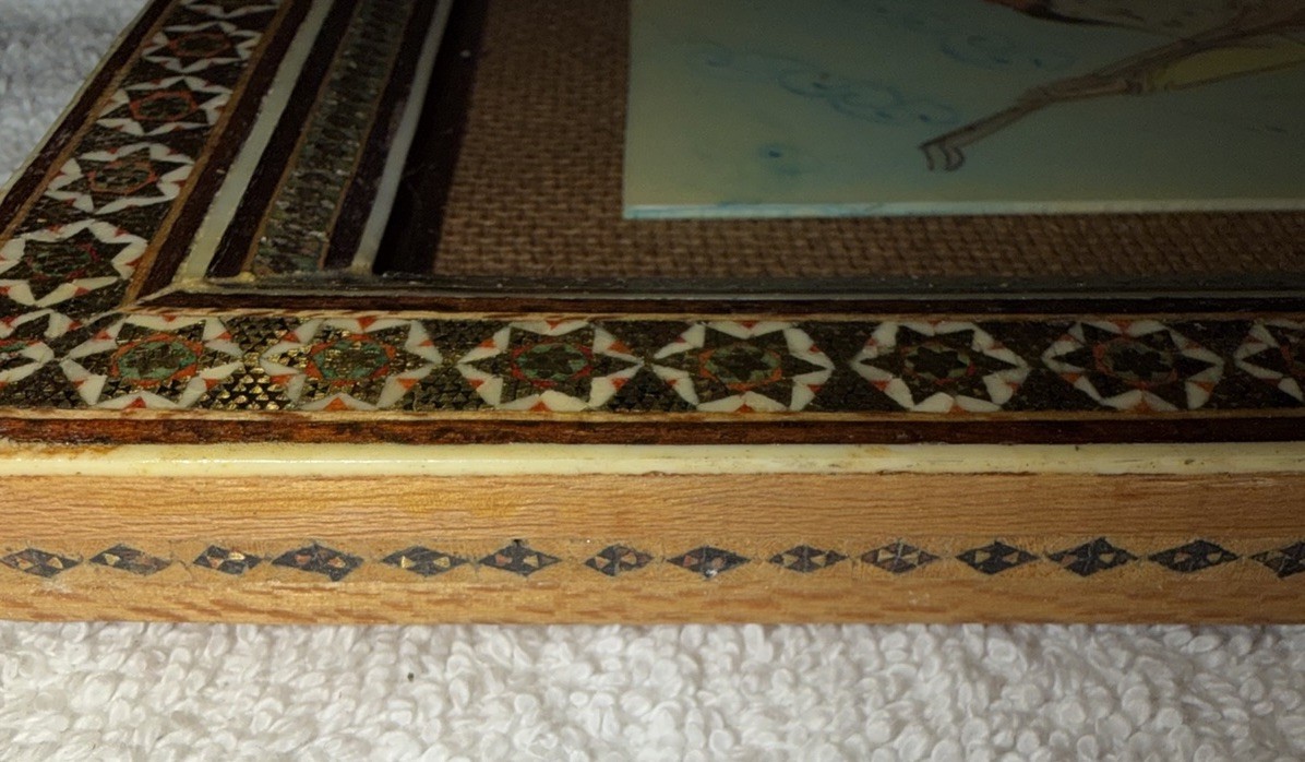 Antique Persian Art Miniature Hand painted Couple With Hand Inlaid Mosaic Frame
