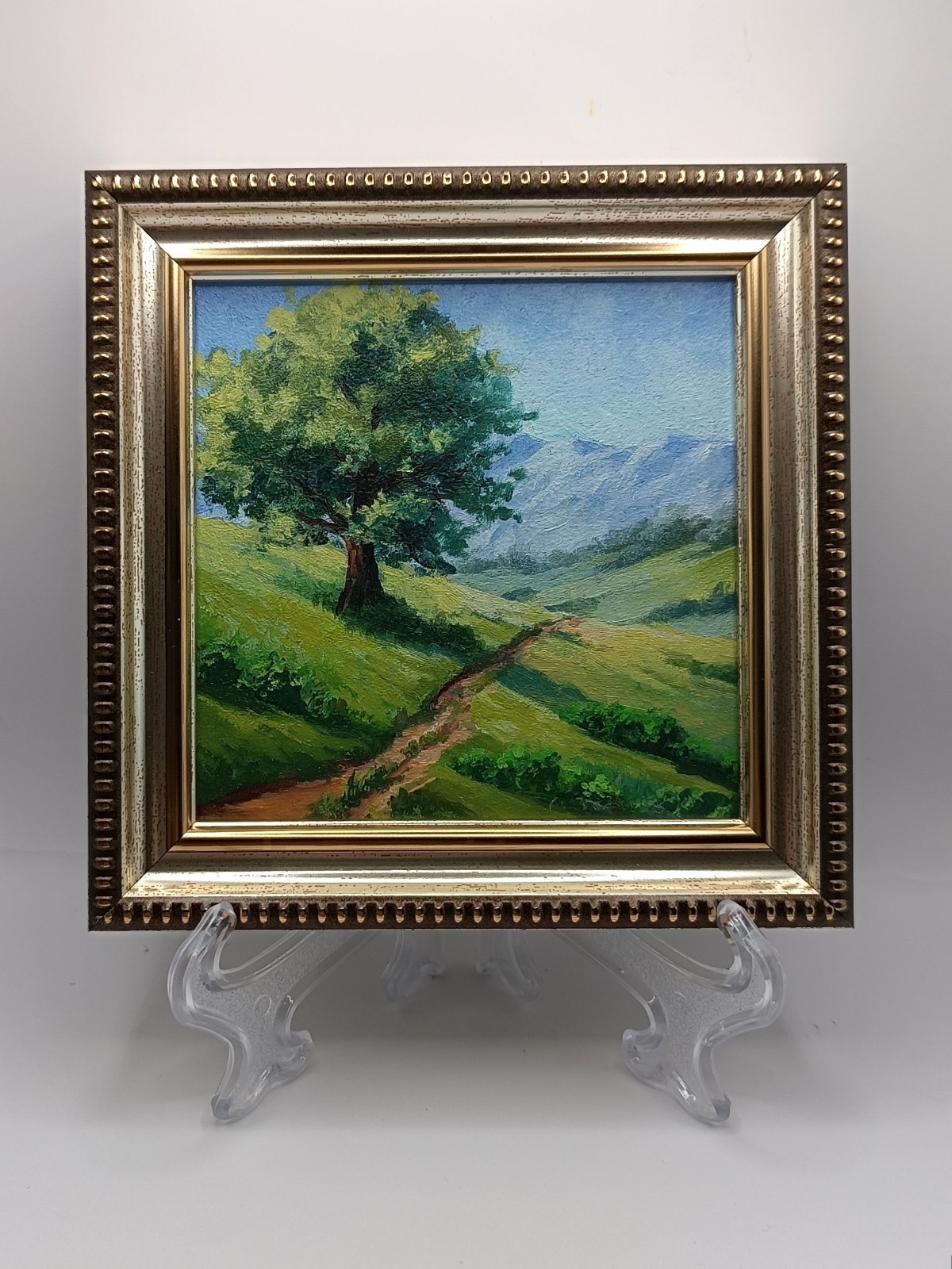 Original Country Landscape Painting Small Framed Oak Tree Mountain Road Artwork