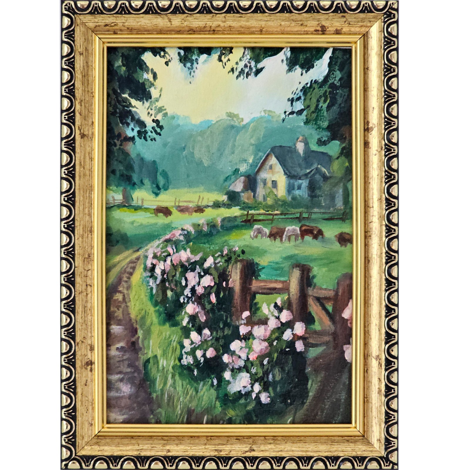 Original Oil Painting Country Cottage Landscape 4×6 Framed Farmhouse Art