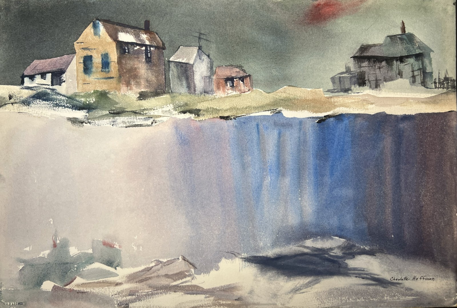 Lakeshore Landscape-Charlotte Hoffman Watercolor–Mid 20th C. New York Artist