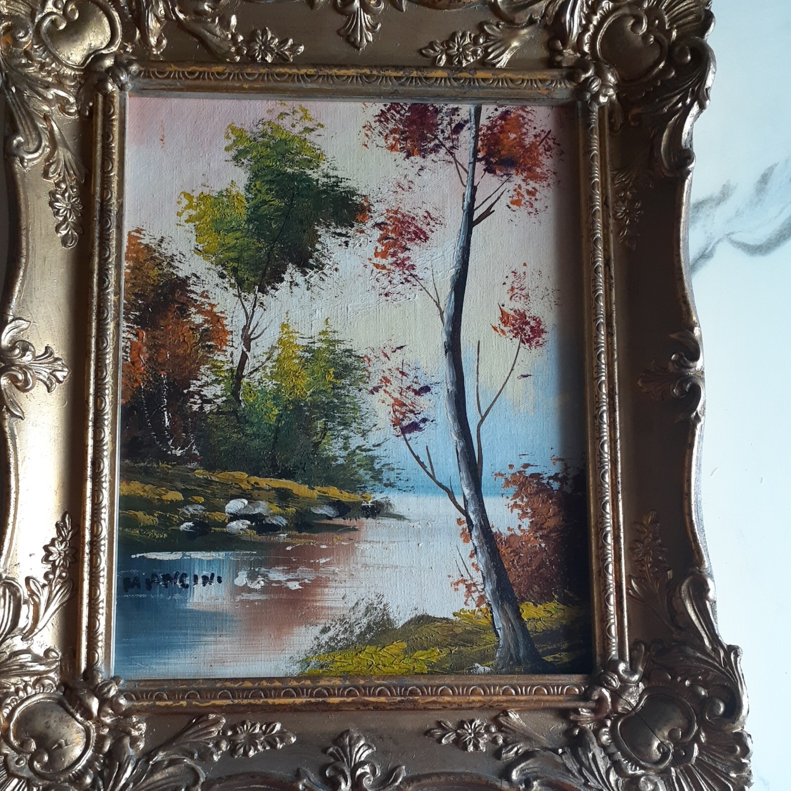 Vintage 11″ x 13″ Elaborate Gold Framed Signed Mancini Landscape Oil Painting.