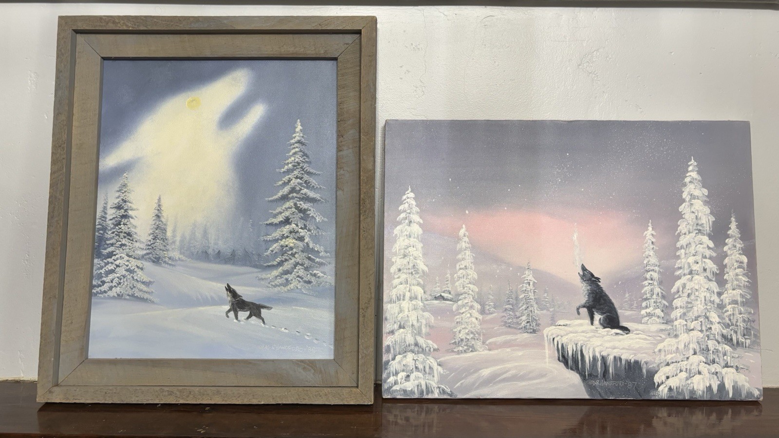 Pair TWO Original Charles R Handford Paintings Wolf Wilderness Snow Cabin