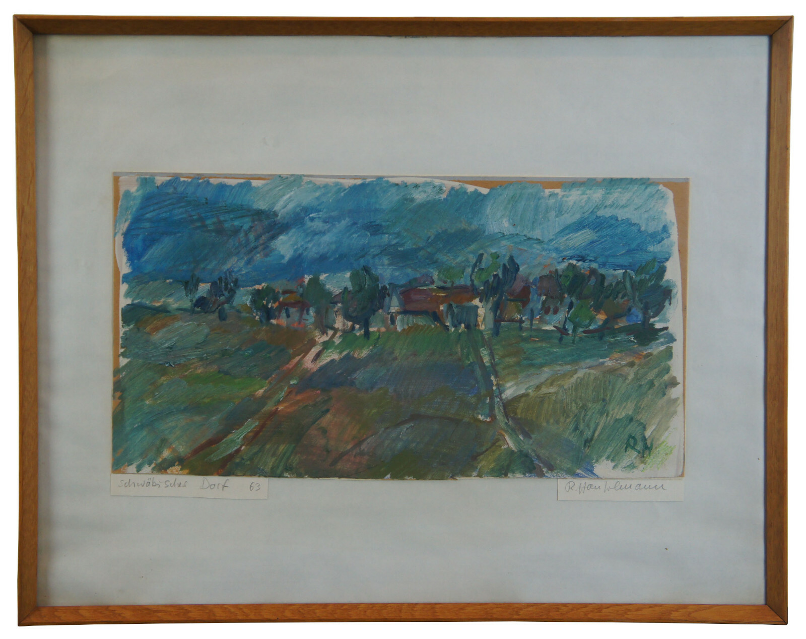 Pencil Signed 1963 Oil on Board Impressionist Village Landscape Painting