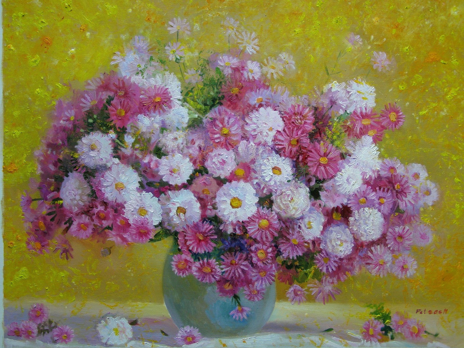 CHRYSANTHEMUMS Flowers Original Oil Acrylic Painting Art By Ukraine Artist