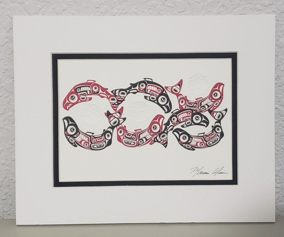 Marvin Oliver Embossed Print w/ Mat «Spawning Salmon» Native American Red 10″x8″