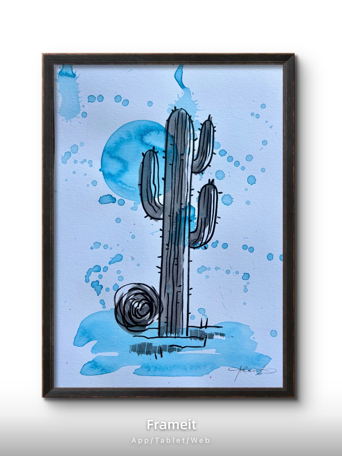 Original Blue Cactus Painting By Alannah Dyer- Acrylic 9×12 in. Trendy Desert