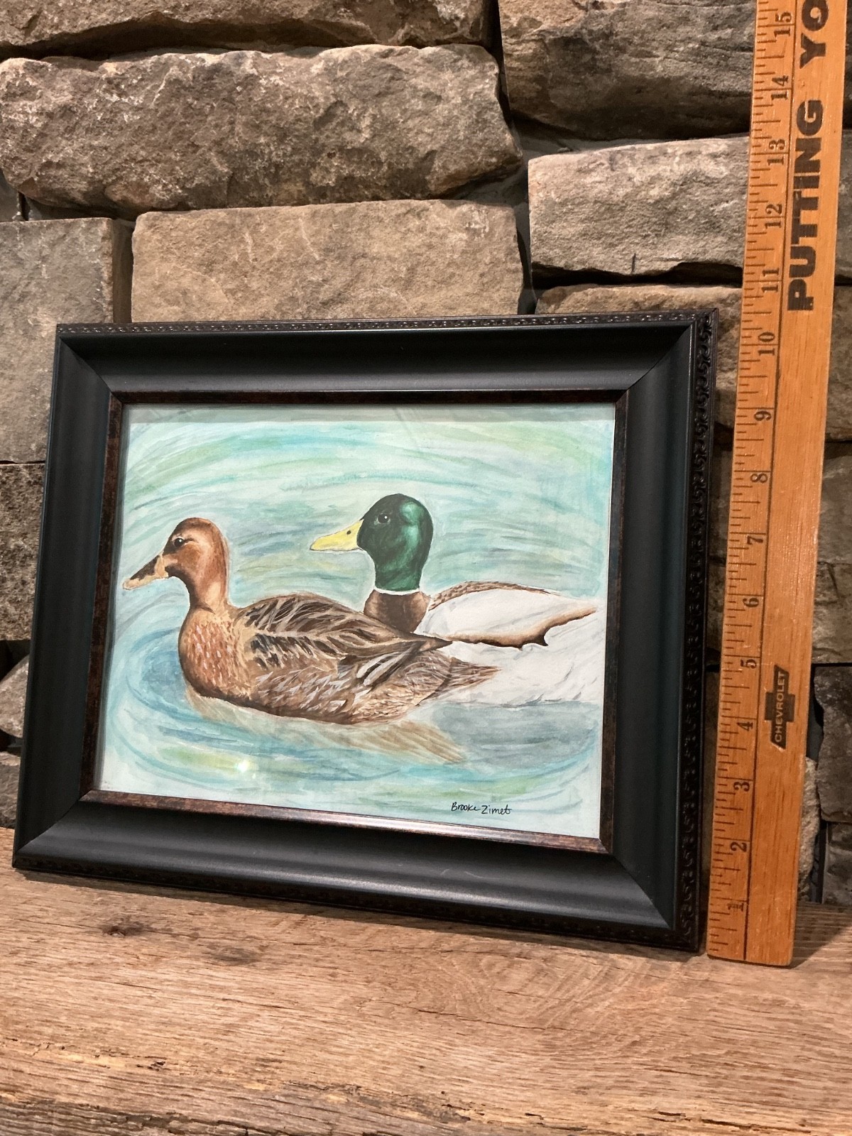 Signed Original Watercolor Painting Mallard Drake Hen Ducks Pond Water By Zimet