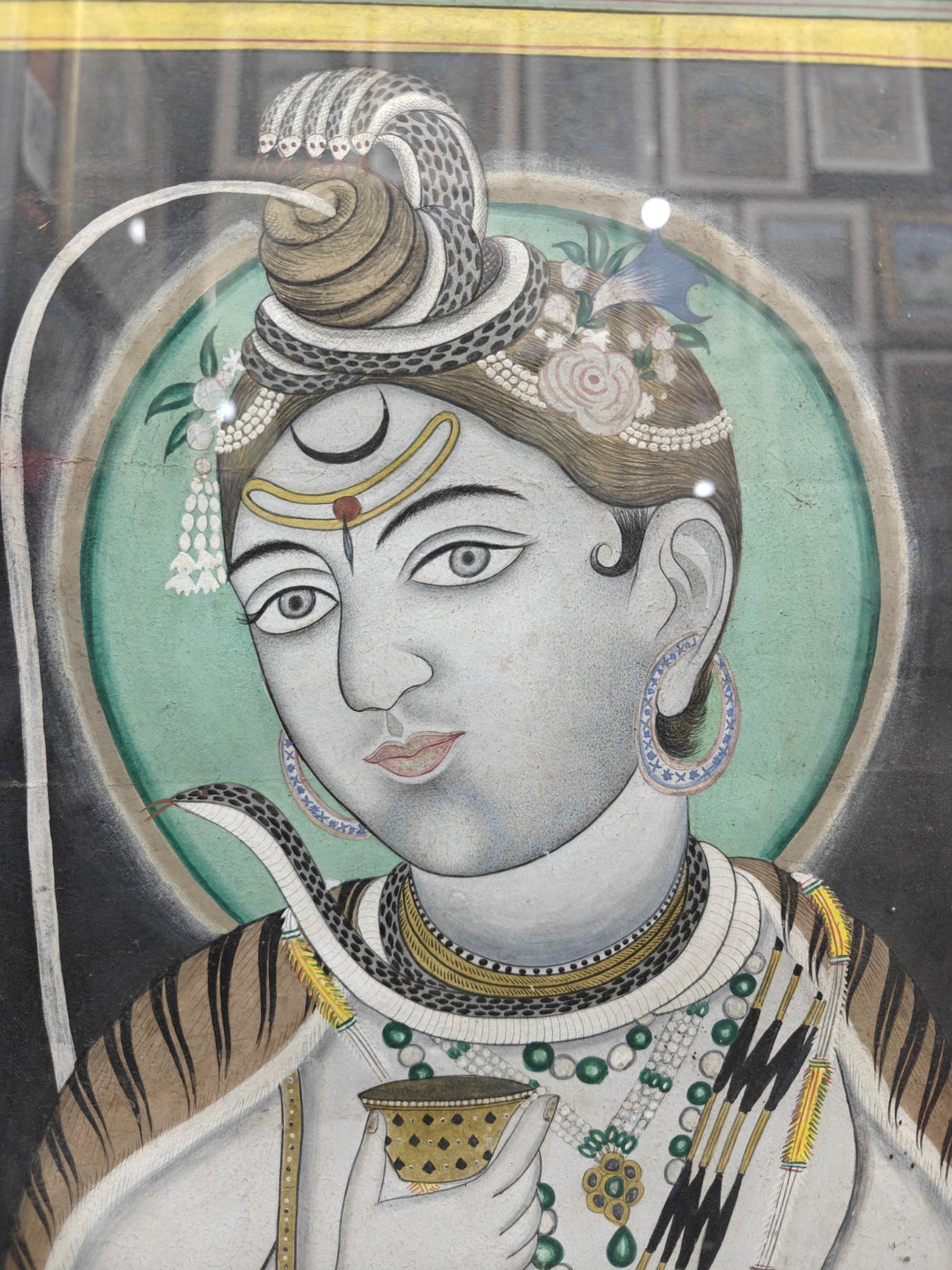 125 Years Old Antique Miniature Painting Of Lord Shiva With Original Wood Frame