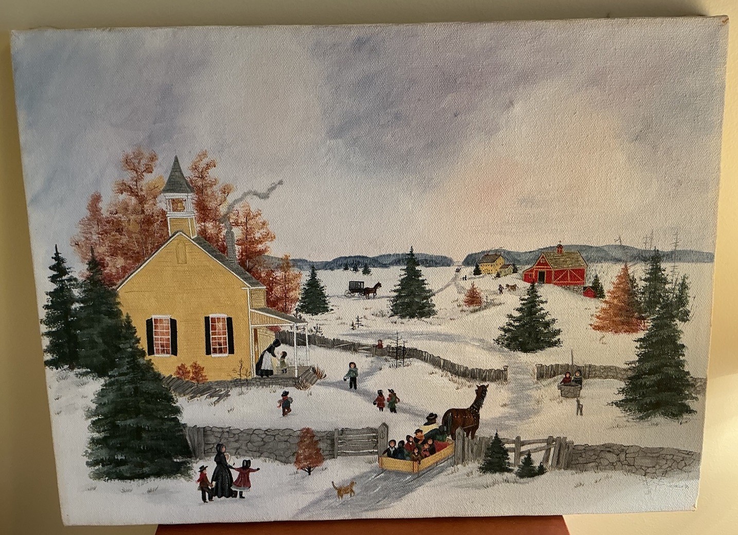 Naïve Folk Country Scene Schoolhouse Children Horses on Canvas Signed HERRICK 96