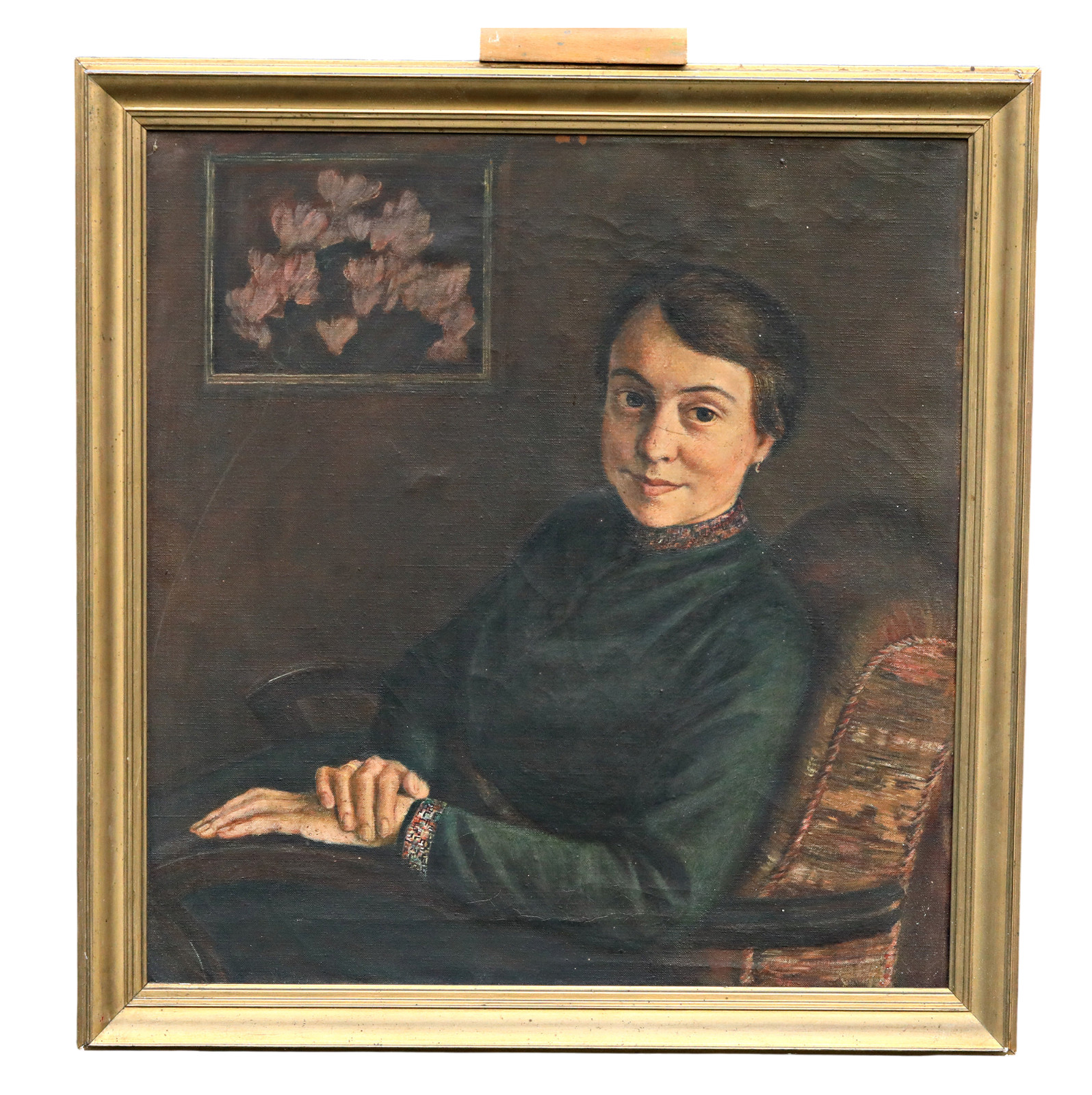 Antique Oil Painting of Lady Portrait in Armchair with Frame, Vintage