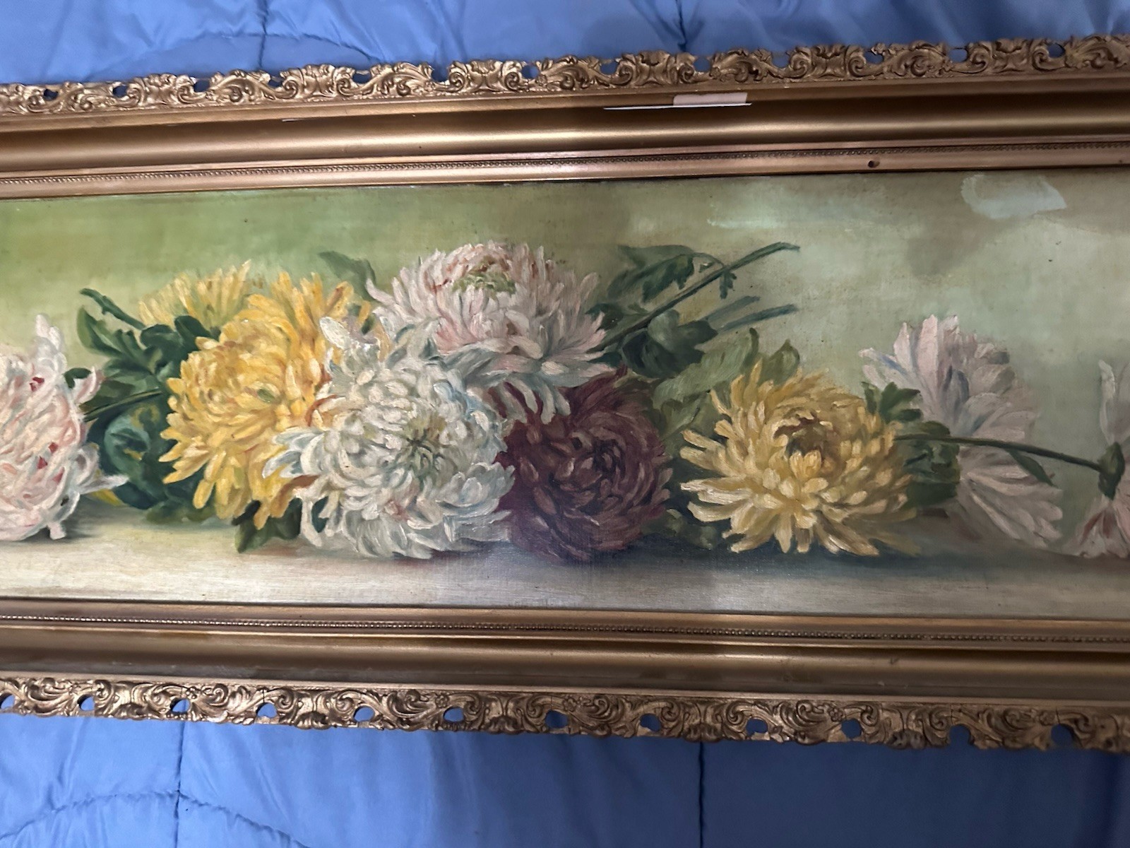 Antique Victorian Rare Horizontal Oil / C Chrysanthemum’s 40 X 14 Still Life