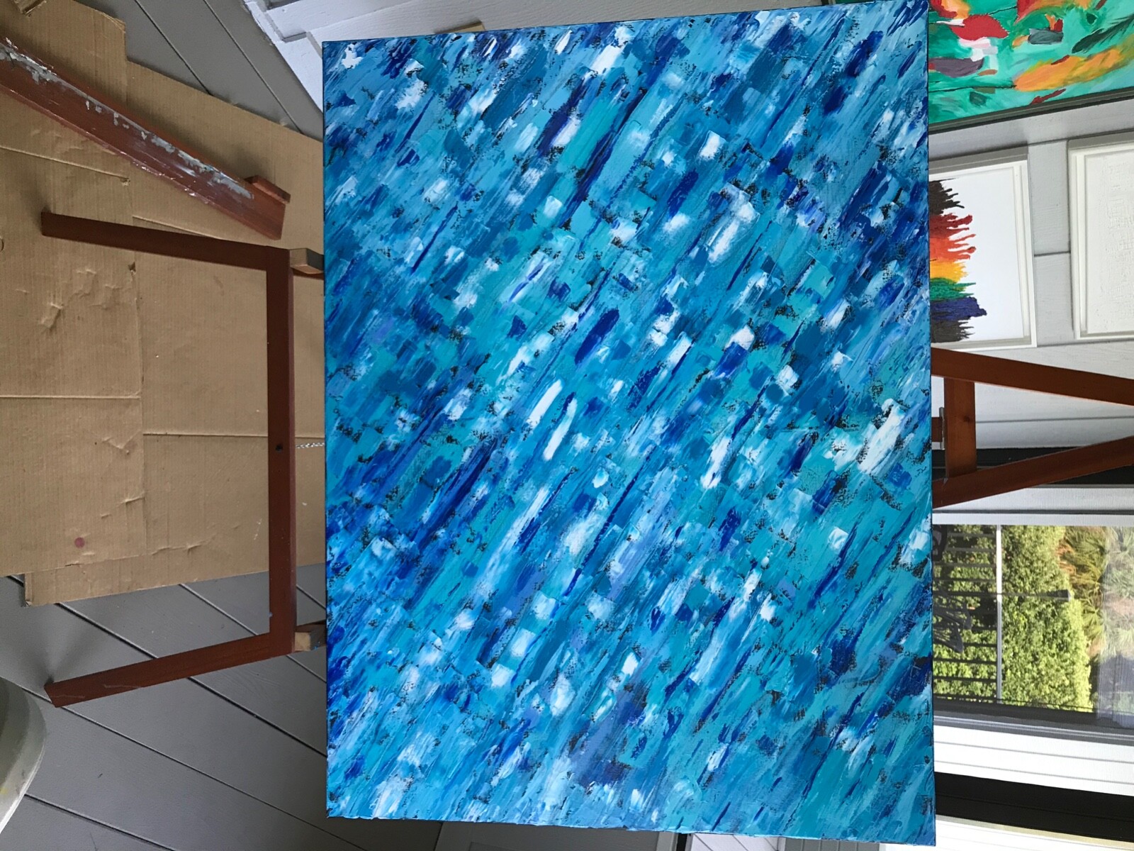 3 foot by 4 foot blue abstract framed in 3/4 jnch tiger wood original