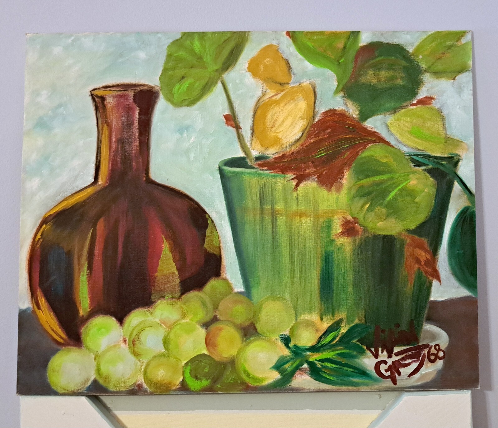 ORIGINAL 1968 Midcentury Modern still life oil painting canvas grapes fruit wine