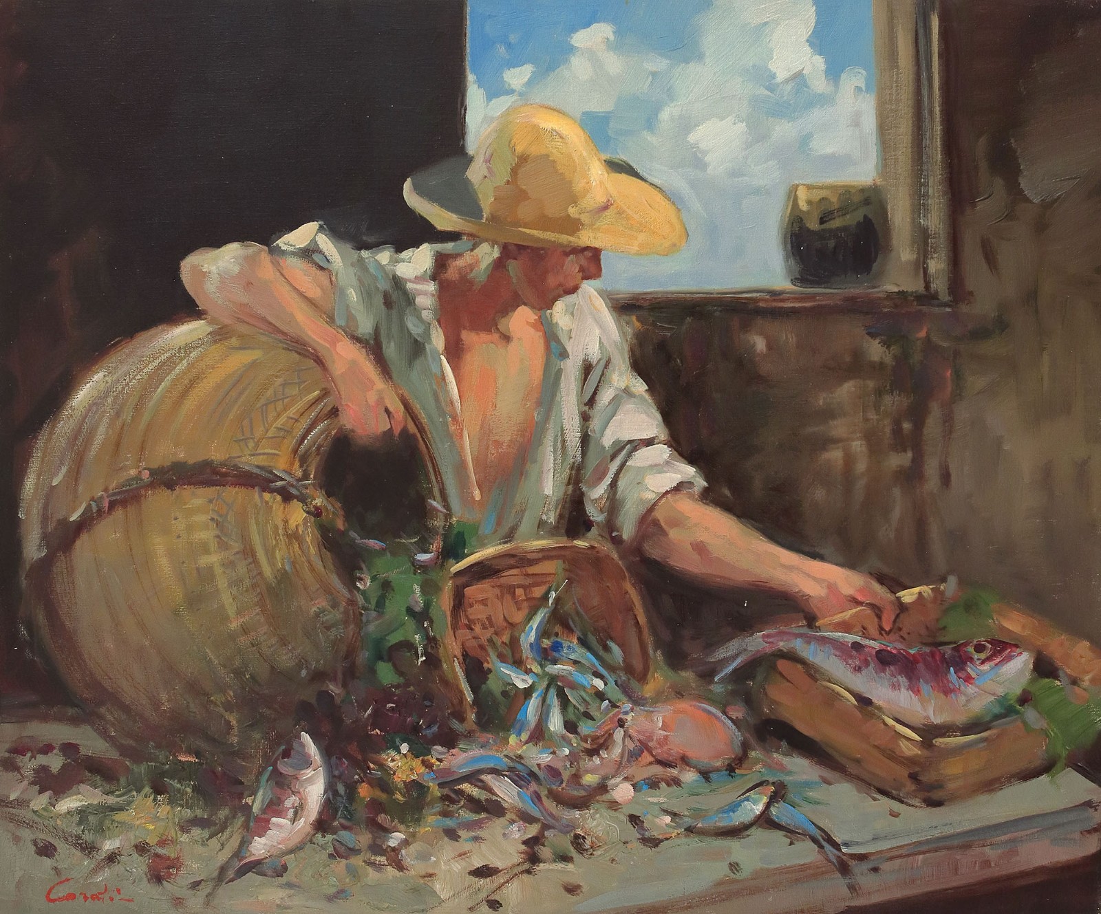 CORATI Signed Vintage cEa-Mid 1960s Orig Italian Painting FISHERMAN DAY’S CATCH