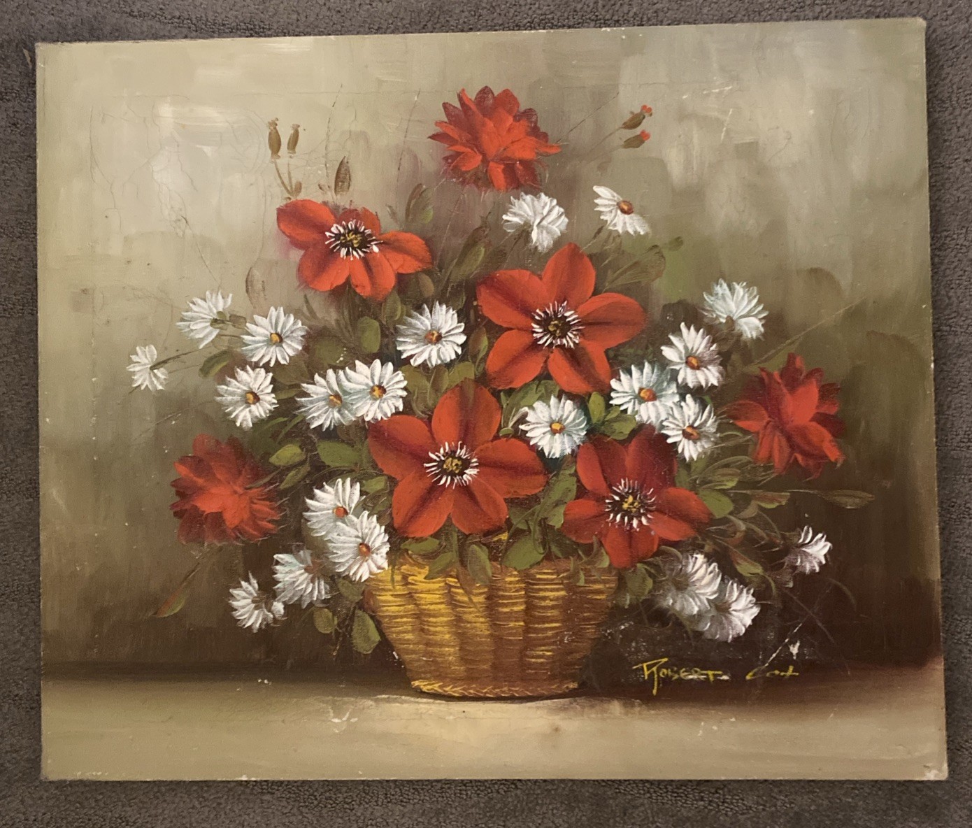 Vtg Signed Robert Cox Oil on Canvas Red Floral Daisies Still Life 24” X 20”