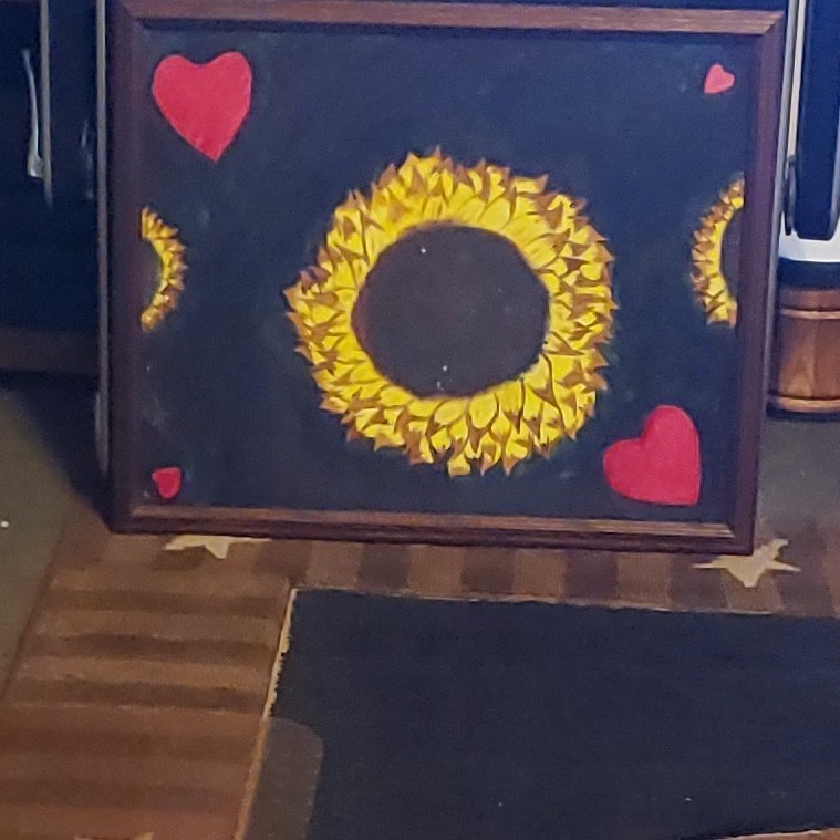 Framed Folk Art Painting Sunflower & Hearts Floral Theme Single Piece