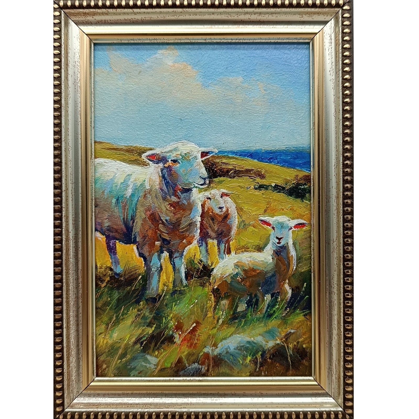 Sheep Original Oil Painting 4×6 Framed Signed Cute Lamb Farmhouse Landscape Art