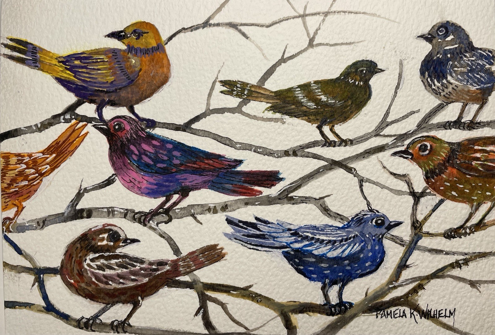 5 x 7” watercolor, Pamela Wilhelm Colorful Whimsical Birds In Trees On Branches