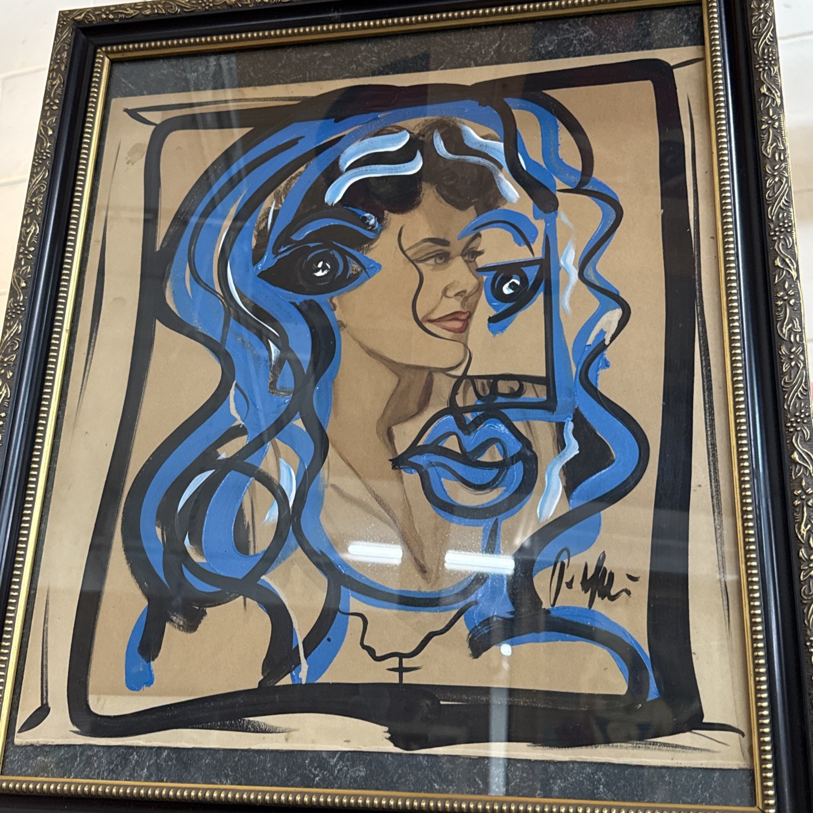 Peter Keil Blue Early Abstract Cubist Portrait Painting 21” X 18”