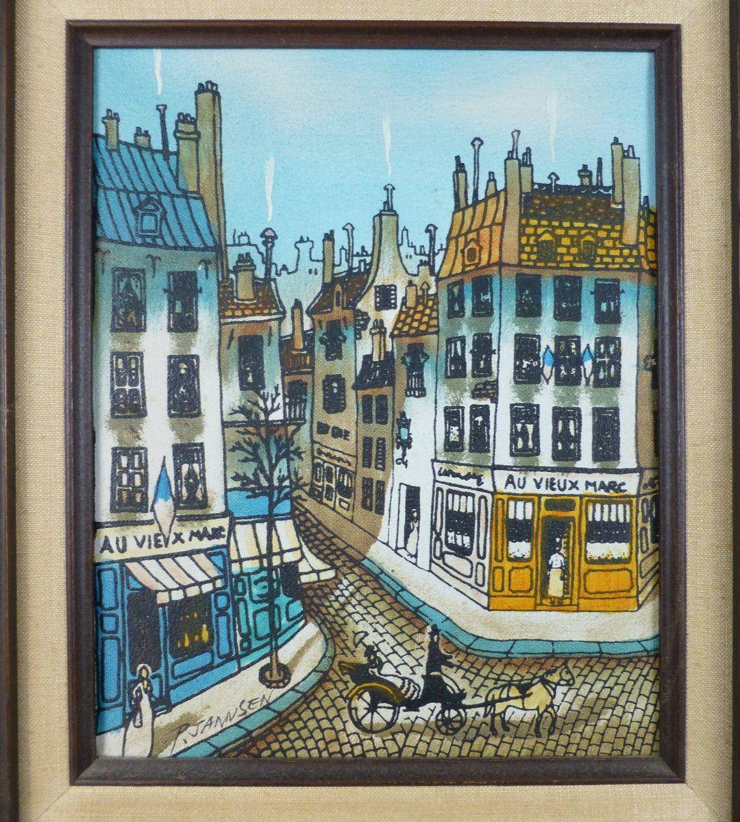 P. Jannsen Art Watercolor Street Scene France Cobblestone Framed 15×18