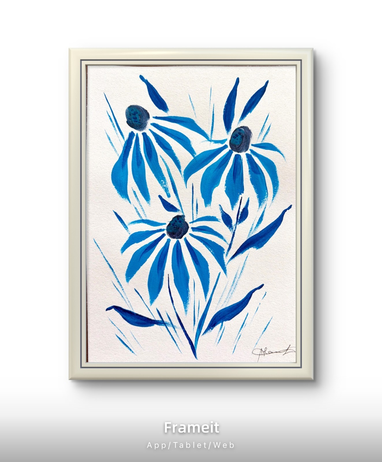 Original Blue Daisies Painting by Alannah Dyer- Art 5×7 in. Flower Monochromatic