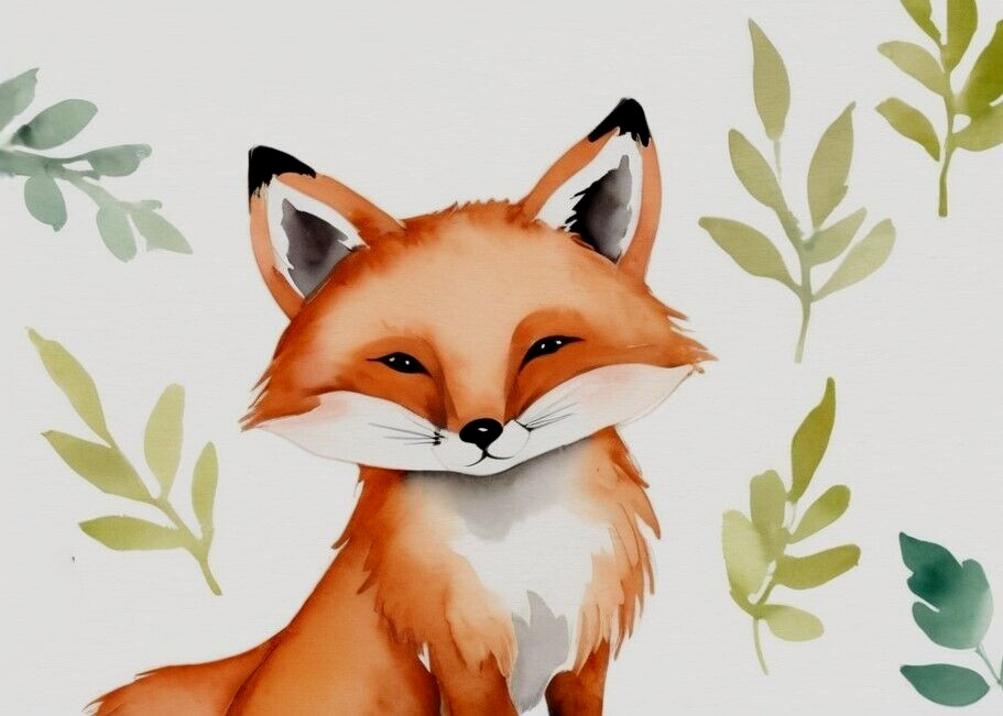 ACEO *PRINT* Mini Miniature Tiny Art Watercolor Cute Young Red Fox by Saulite