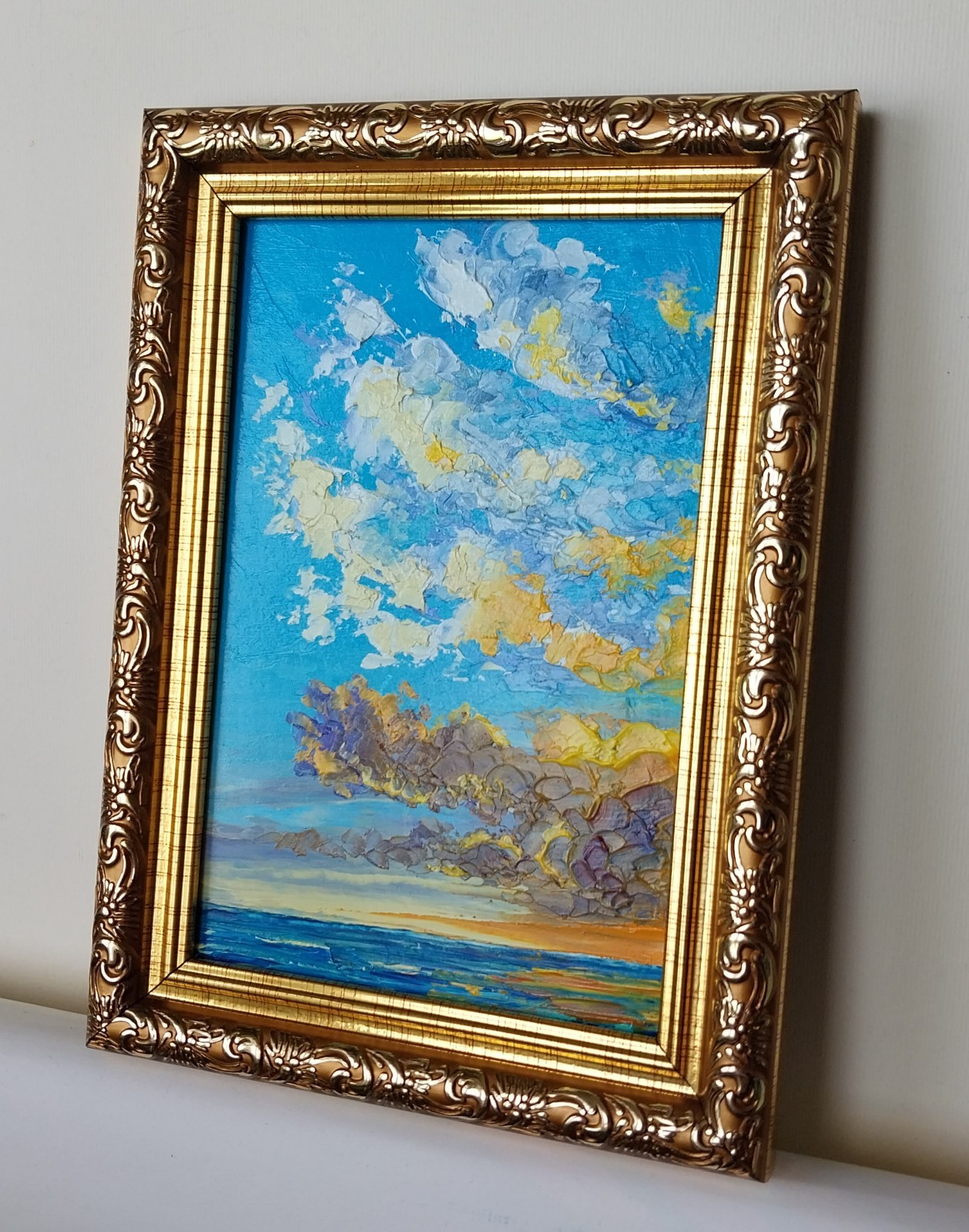 Framed Sunset Seascape Clouds Over Sea 4×6″ Original Oil Painting Impasto Art