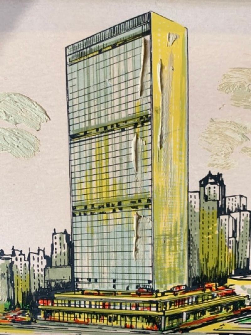 Mid-Century NYC United Nations J. Windsor Signed Embellished Silkscreen Board