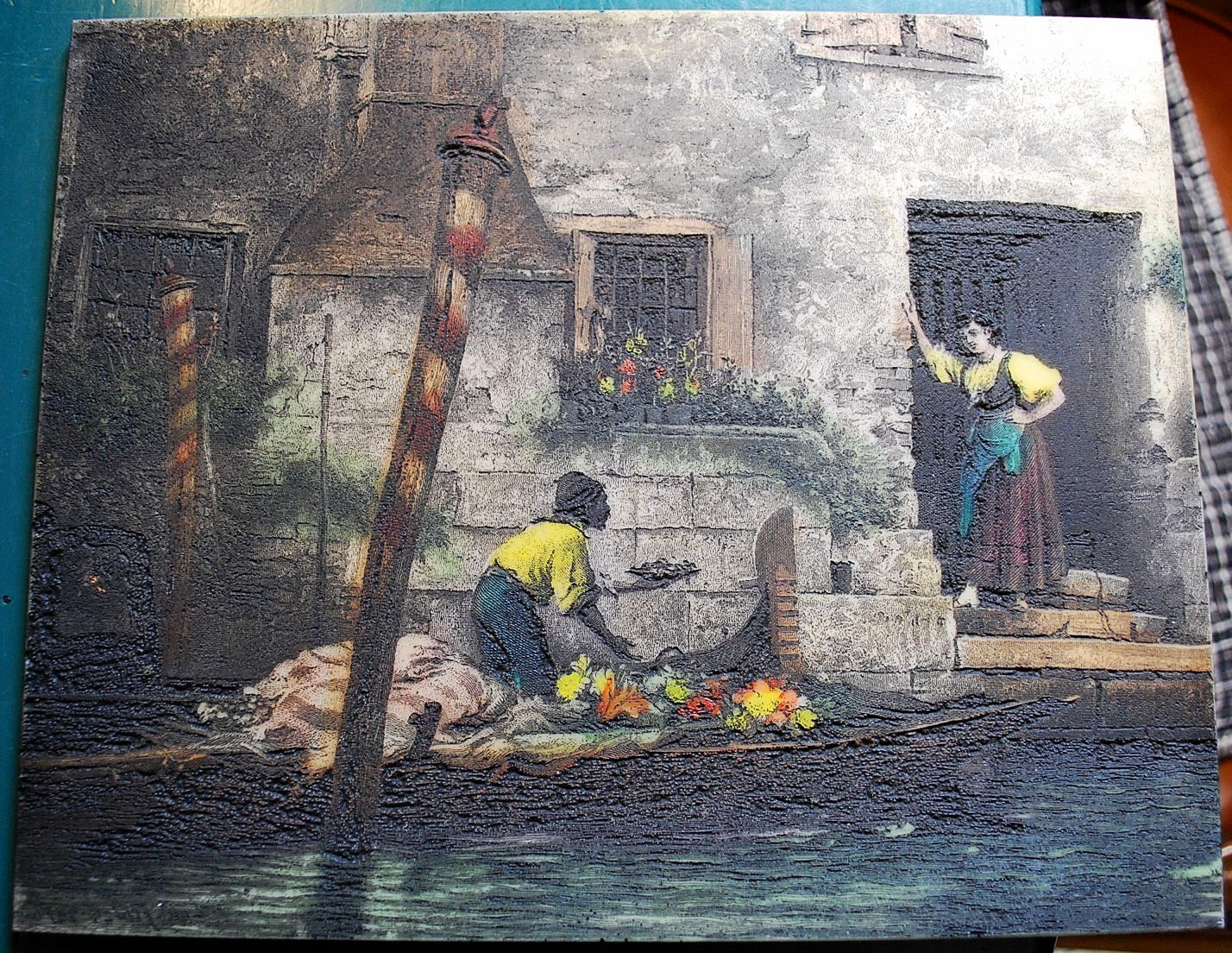 RARE Lithopane Hand Colored PAINTED ENGRAVING Luke Fildes VENETIAN FRUIT SELLER