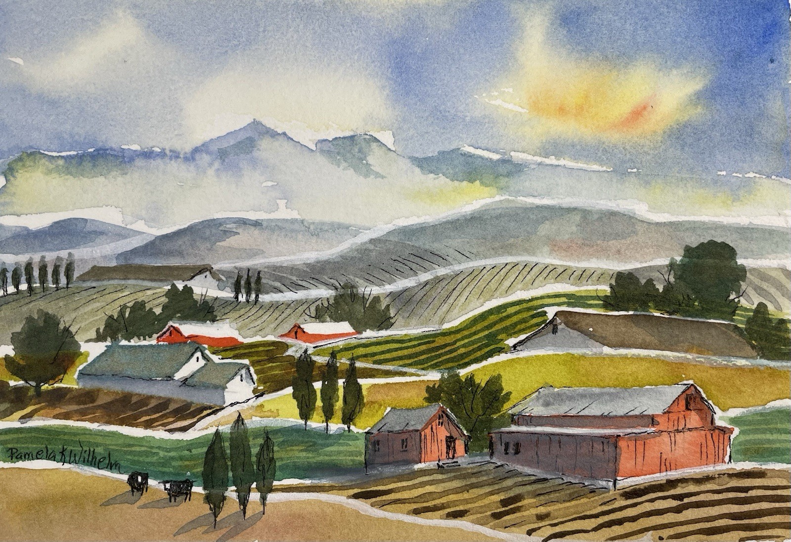 Original Pamela Wilhelm Watercolor Hills Farm Barn Mountain Fields Primitive