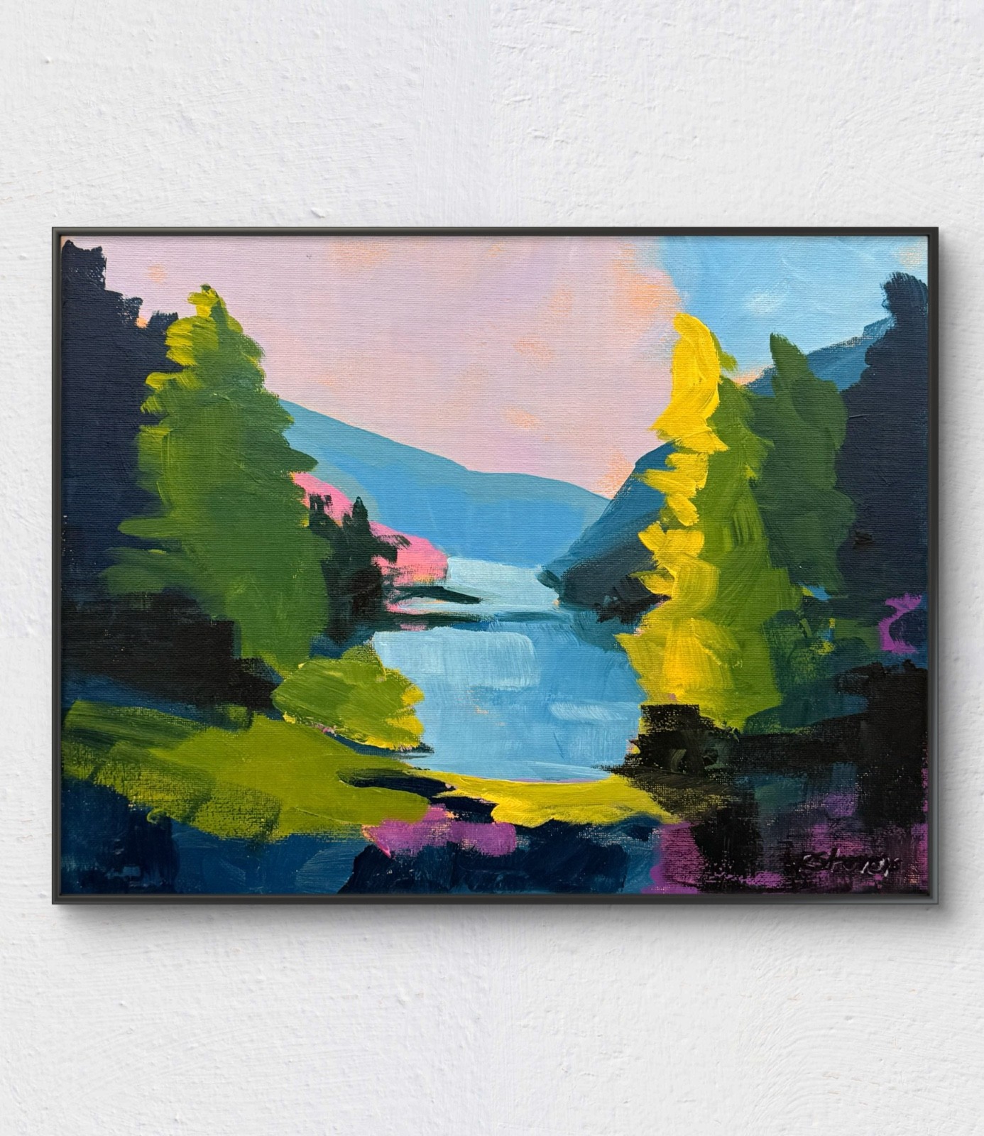 R Stevens 11×14 Original Acrylic Landscape Painting Lake Mountain Scene
