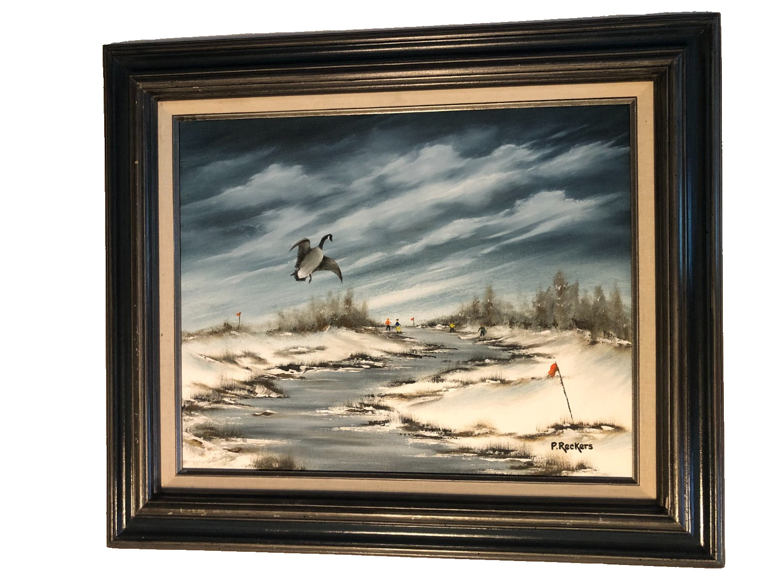 Vintage oil on canvas winter river scene Canadian goose signed P Reckers framed