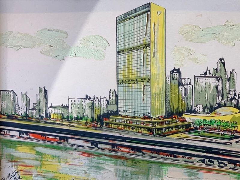 Mid-Century NYC United Nations J. Windsor Signed Embellished Silkscreen Board