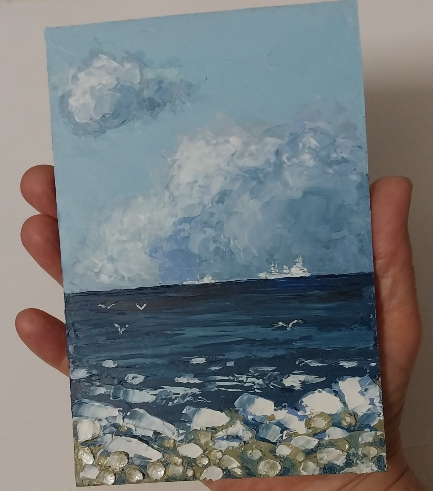 Framed Cloudy Sky Seascape Ships Winter Seashore Art 4×6” Original Oil Painting