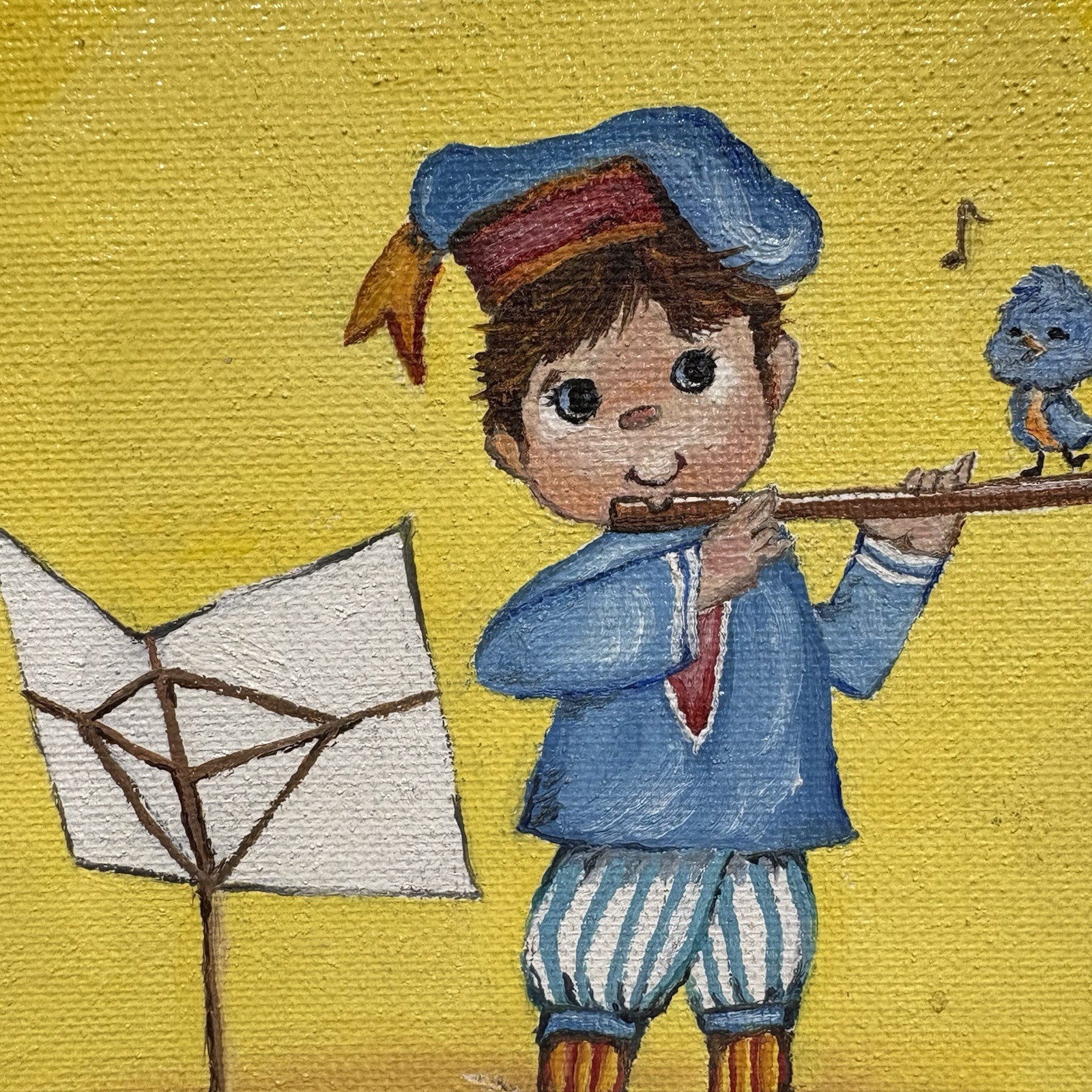 Framed Canvas Painting Small Signed E Weeks Boy Playing Flute 8.5” X 6.5”