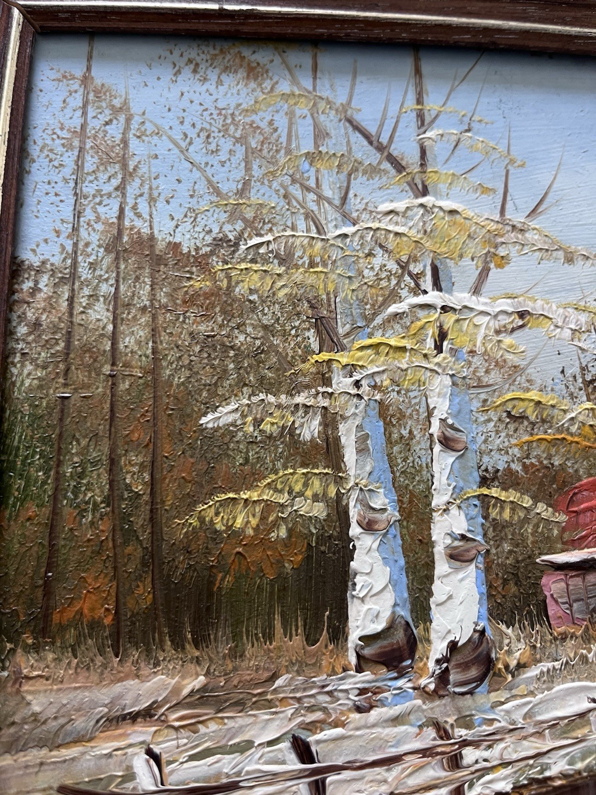 VTG Picture Hand Painted Art Framed Rustic Red Barn Pond 10×9″