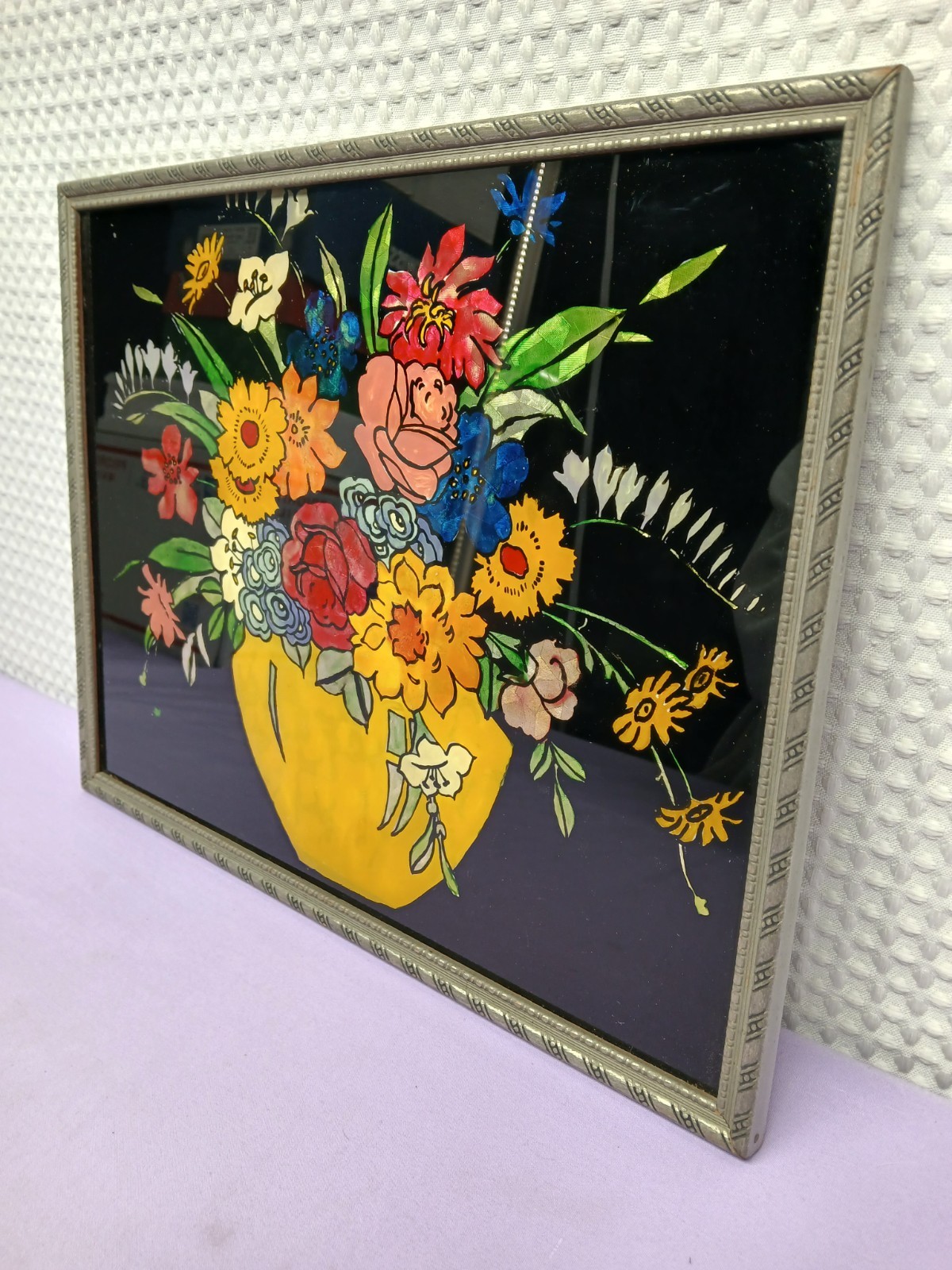 VINTAGE 1958 TINSEL REVERSE GLASS FRAMED PAINTING FLORAL BOUQUET FOLK ART NICE