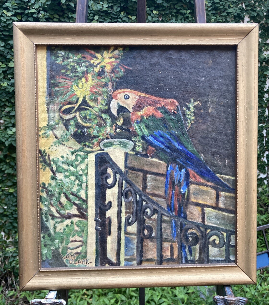 Parrot on Gate Oil On Board Original Vintage Folk Art Painting, circa 1950s
