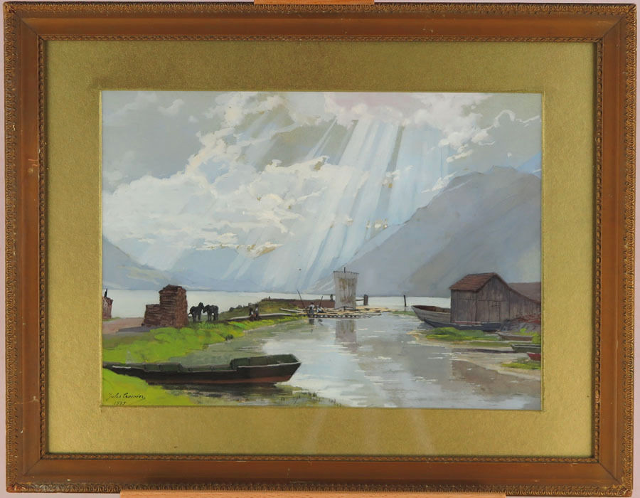 Jules Crosnier (1843-1917) Swiss Gouache Watercolor Fjord Landscape Antique 1885