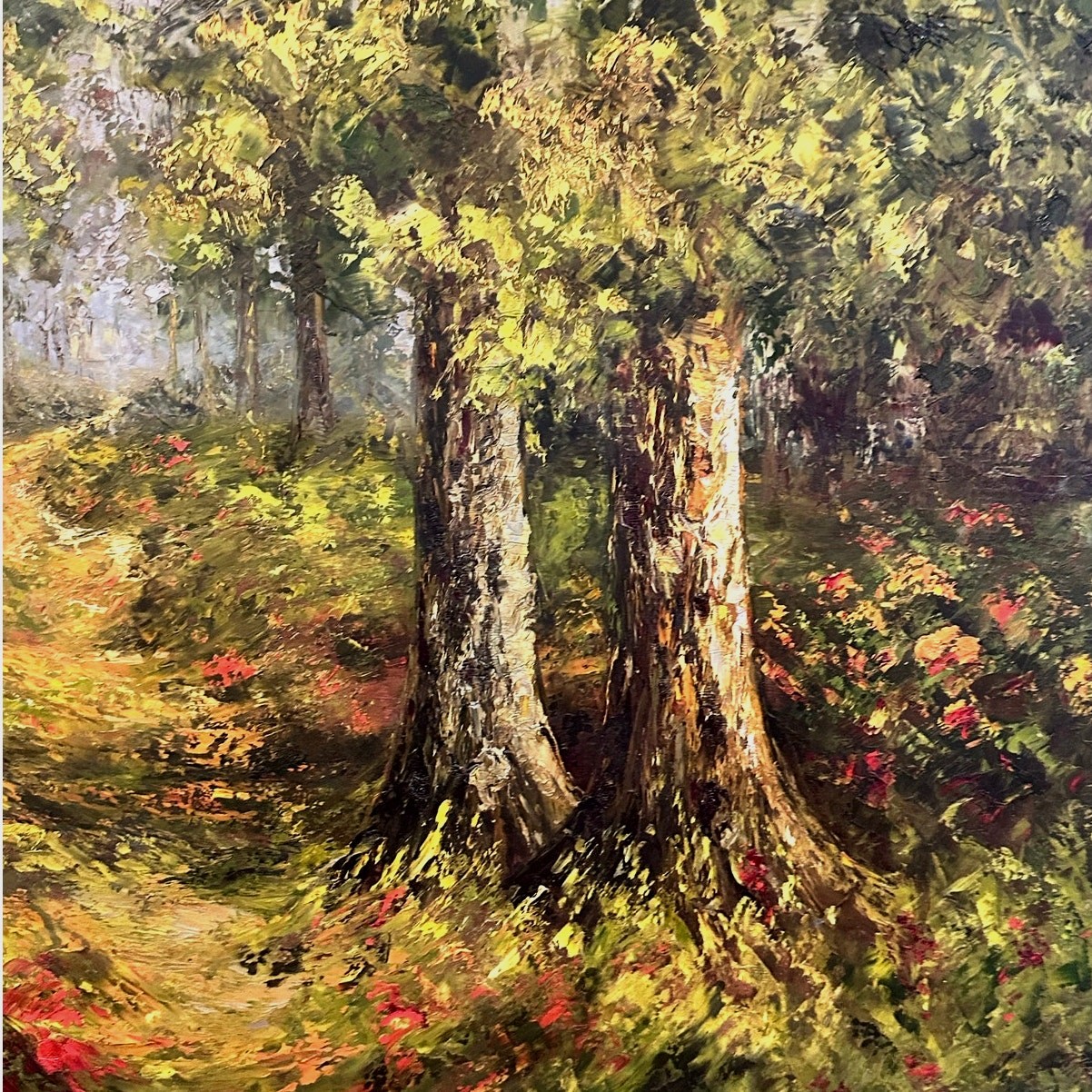 Wrought Iron Wall Hanging Hand Painted Oil Canvas Autumn Forest Scene 36” x 42”