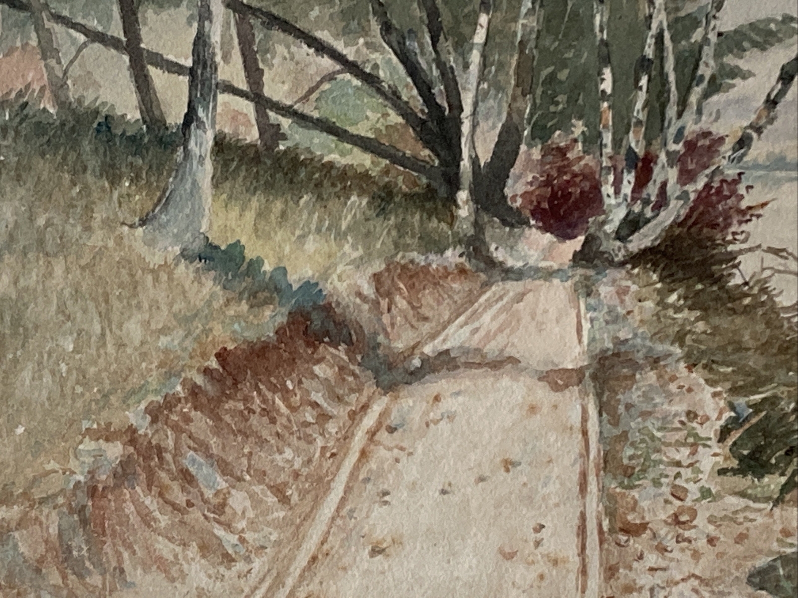 Antique 1903 Watercolor Painting Trail Along Lake & Sailboat By Herbert L Conner