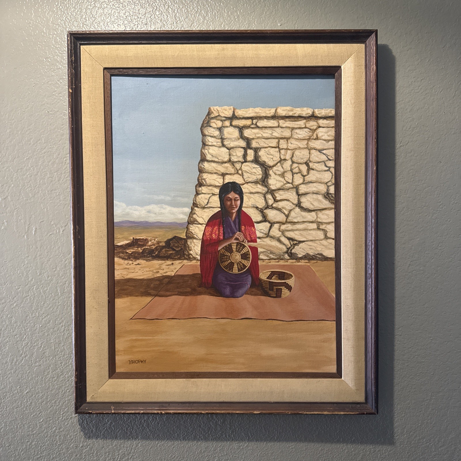Vintage Signed Native American Portrait Oil Painting Framed Western Art Brophy