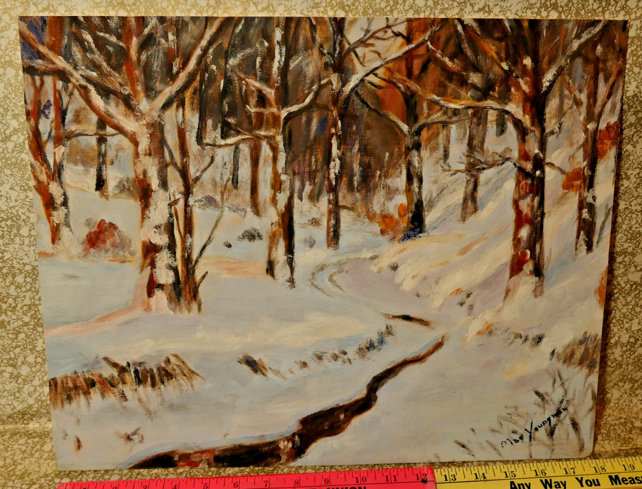 Original SIGNED Oil Painting Winter Sunset Tree stream in woods 15 18 NOT framed